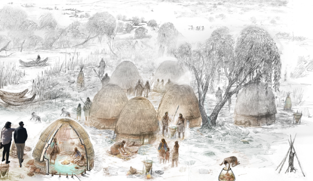 Shows two figures in modern clothing viewing an Ohlone village with traditional tule houses, made out of tule reeds, and other Ohlone going about daily activities such as cooking, chatting, and hunting. 